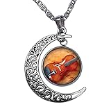 GiftJewelryShop Violin Music Crescent Moon Galactic Universe Glass Cabochon Pendant Necklace