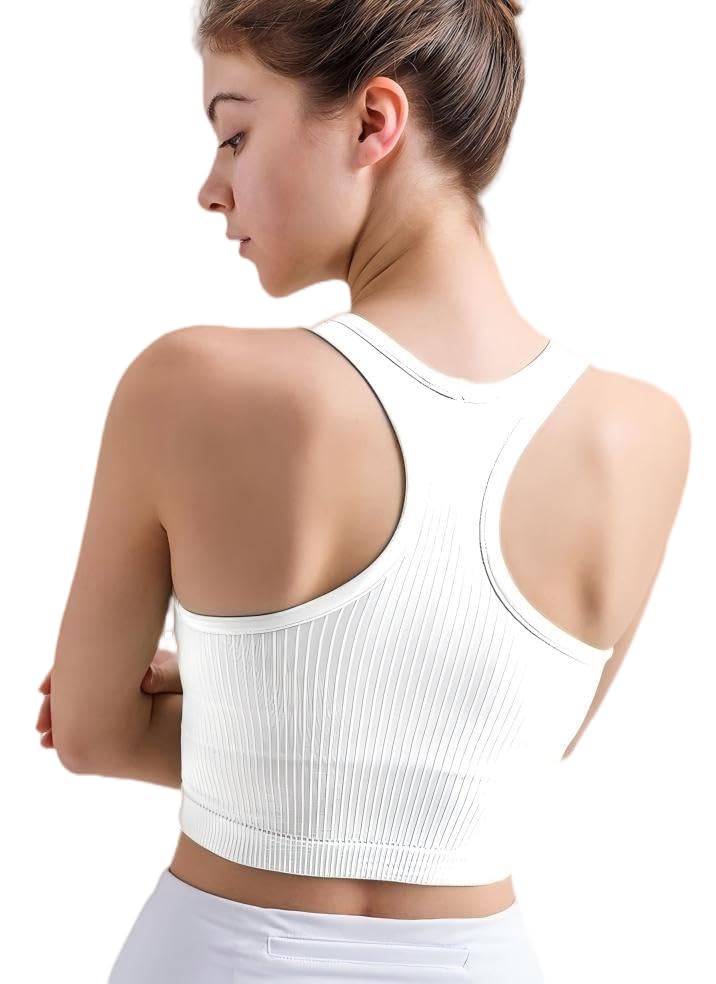 Women’s Ribbed Workout Crop Tank with Built-in Bra Racerback Lightweight Yoga Top