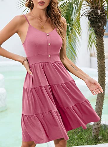 Image of YATHON Sundresses for Women Casual Summer Beach Sleeveless Spaghetti Strap Dress Button Down Ruffle Flowy Pleated Dresses