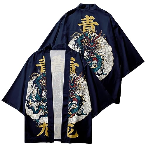 Image of DOSLAVIDA Men's Japanese Kimono Cardigan Suit Chinese Style Printed Jacket Pants Set Open Front Seven Sleeve Top & Shorts