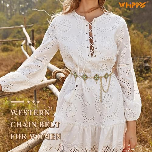 Image of WHIPPY Western Metal Concho Belt for Women Vintage Cowgirl Boho Turquoise Chain Belts for Dresses Jeans