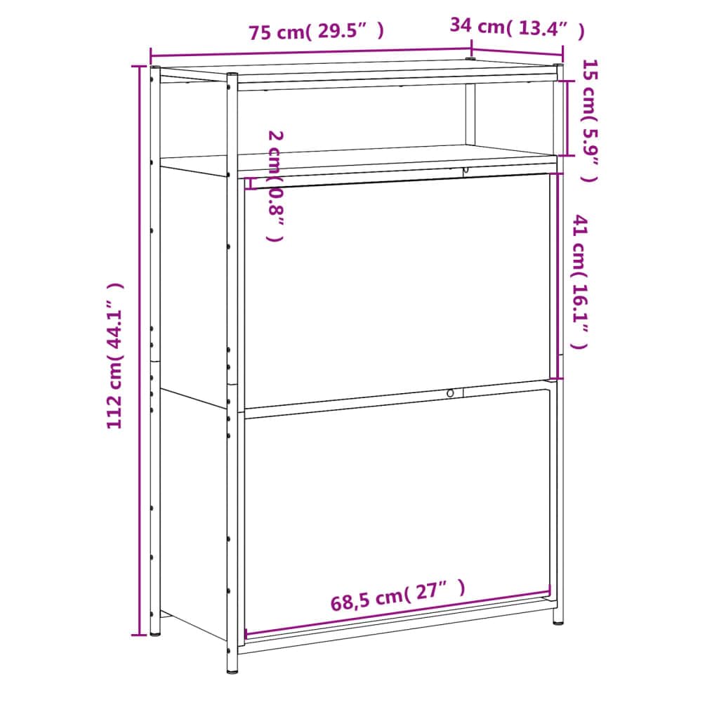 Szafka na buty, dąb wędzony, materiał drewnopochodny, 75 x 34 x 112 cm, wąska, nie zajmuje dużo miejsca, z 2 klapkami i 1 półką do przedpokoju, przedpokoju i wejścia, praktyczne