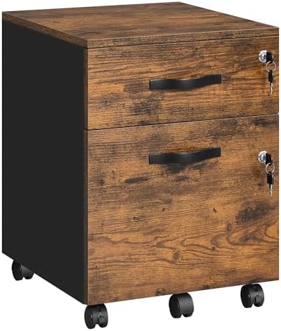 VASAGLE Rollcontainer abschließbar, Aktenschrank 2 Schubladen | 5 Rollen, verstellbare Hängestangen, für Hängeregistratur A4-, Letter-Format, Rustikales Braun, CUSTOS Kollektion LC
