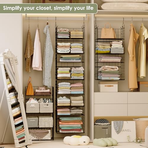 Image of Hanging Closet Organizer and Storage - 8 Tier Closet Hanging Organizer Shelves, Metal & Foldable Hanging Storage Organizer Baskets with Adjustable Dividers for Clothing Sweaters Shoes Handbags