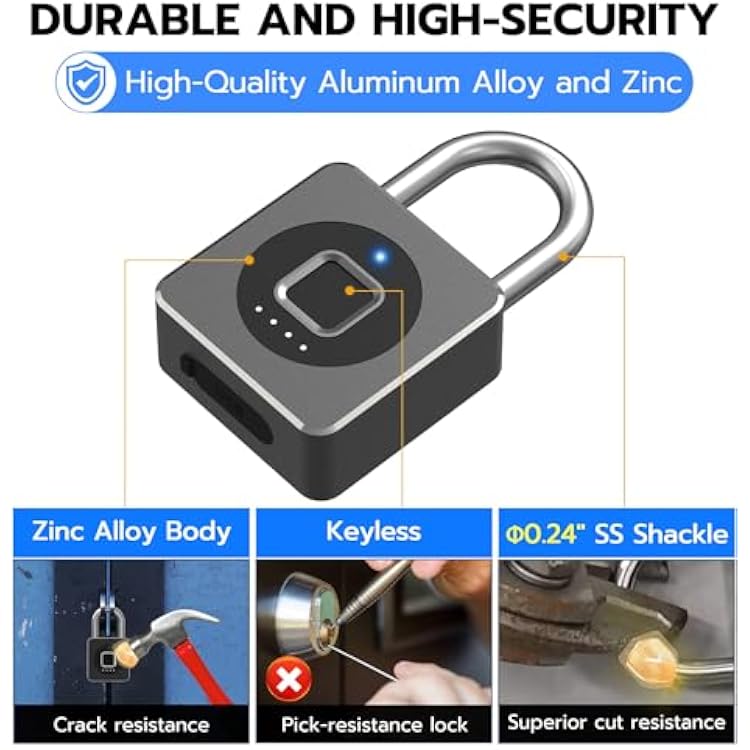eLinkSmart Fingerprint Gym Locker Lock, Keyless Biometric Padlock, Weatherproof Electronic Digital Bluetooth App Smart Combination Pad Lock for Outdoor Fence Gate Storage Unit Pool Shed - Black
