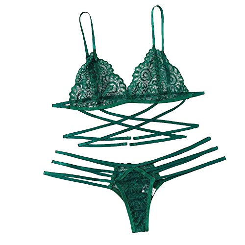 Lingerie érotique en dentelle verte XL avec soutien-gorge et string transparent pour femme