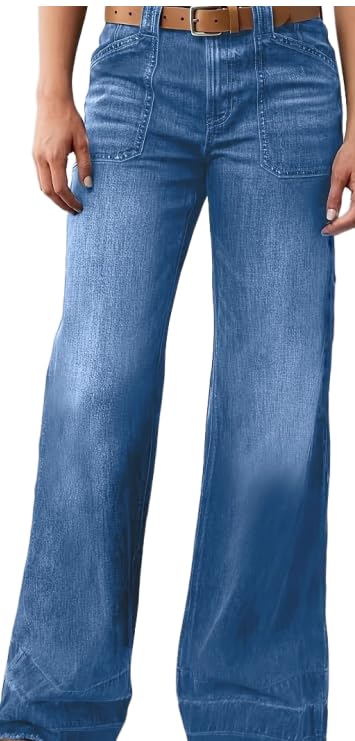 Women Wide Leg Jeans Mid Waisted Stretchy Straight Leg Jeans Loose Trendy Soft Denim Pants Y2K with Pockets
