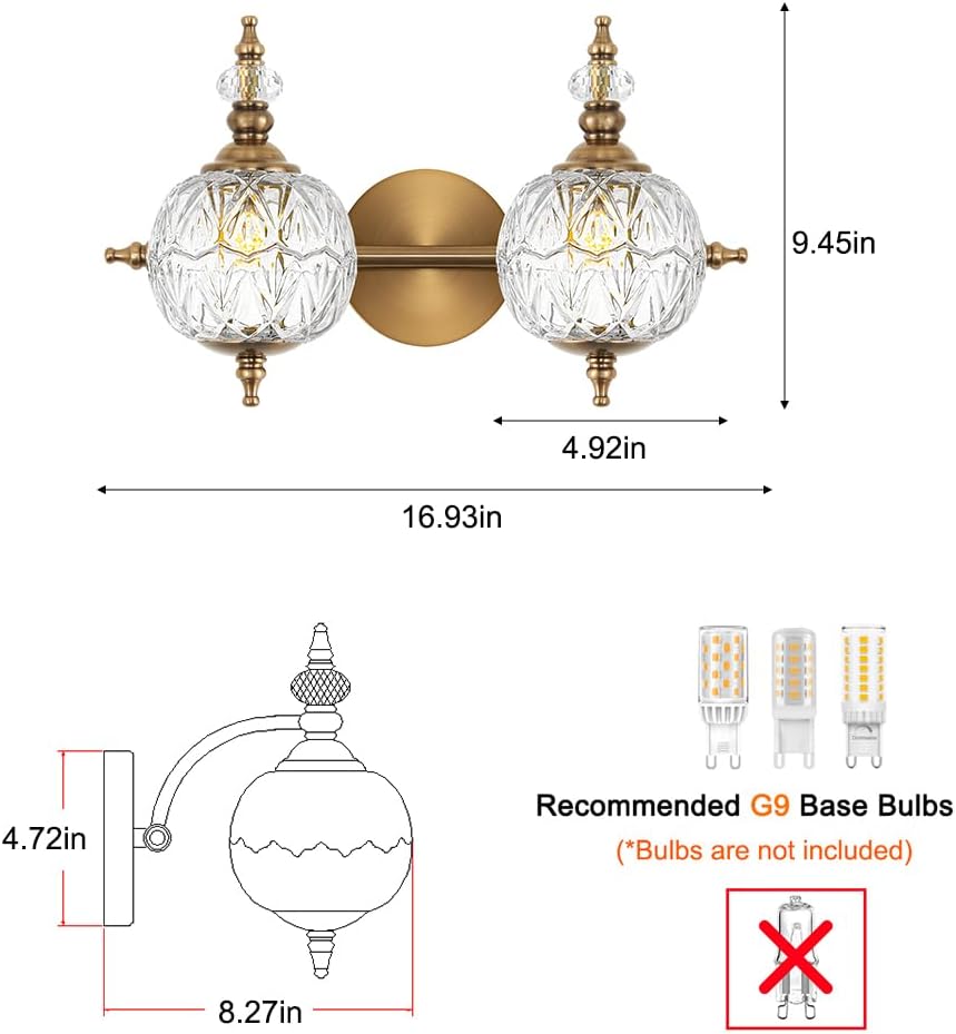 Brushed Gold Bathroom Vanity Light Fixture Vintage Style - 2 Light G9 Bulb Compatible, 17" Wide Bathroom Lighting Over Mirror with Hand-Etched Glass Shades, Easy Mount for Makeup Area