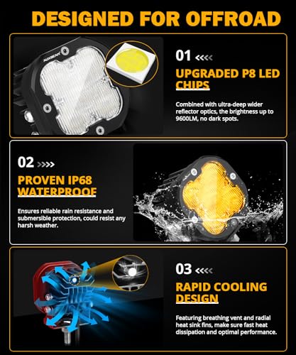 Image of Auxbeam LED Pod Light XP-Ultra Series 3 Inch Offroad Auxiliary Light, Flood | 120 Wide Flood Beam, 80W 9600LM, Amber White Covers, Off-Road Ditch Light, LED Cube Driving Lights, Wiring Harness Included