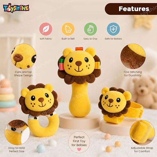 Image of Toyshine Pack of 3 Cute Animal Face Baby Hand Rattles Safe Lightweight and Easy to Hold Soft Stuffed Handy Rattles for Babies Infant Toddlers 6-12 Months - Loin