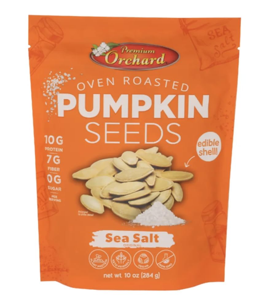 OVEN ROASTED PUMPKIN SEEDS to Eat in Shell by Premium Orchards MIXED NUTS - Salted with Sea Salt - Non-GMO Vegan Fresh Healthy Snacks/ - Great source of Plant Protein, Zinc, Magnesium & Iron - 1 Bag, 10oz, 10G of Protein, 7G of Fiber, 0G od Sugar