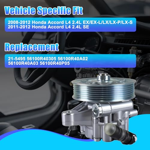 Image of 21-5495 Power Steering Pump with Pulley for 2008-2012 Accord 2.4L | Replace for 56100R40A03, 56100-R40-305