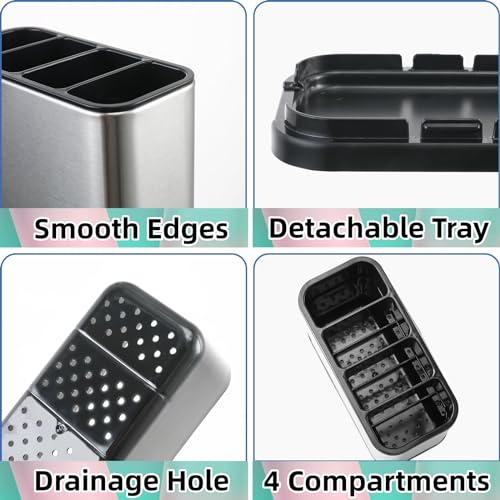 Image of LIBODOUR Utensil Holder,Stainless Steel Caddy Counter,Spoon holder,4 Compartments Silverware Caddy,Capacity Flatware Spoon Fork Tool Cutlery Holder(Silvery)