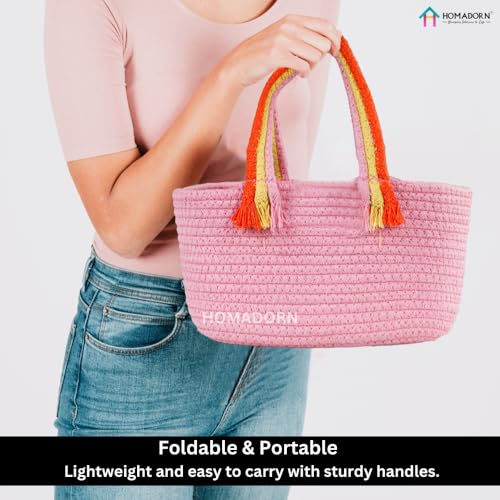 Image of HOMADORN Cotton Storage Basket with Sturdy Handles - Foldable, Durable, and Stylish Organizer for Toys, Clothes,Gifting and Home Essentials (PINK)