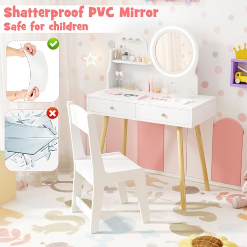 Image of HONEY JOY Kids Vanity, Little Girls Vanity Set with Mirror and Stool and Lights, Drawers, Toddler Makeup Vanity Dressing Table, Wooden Pretend Play Kids Vanity Table and Chair Set (White)