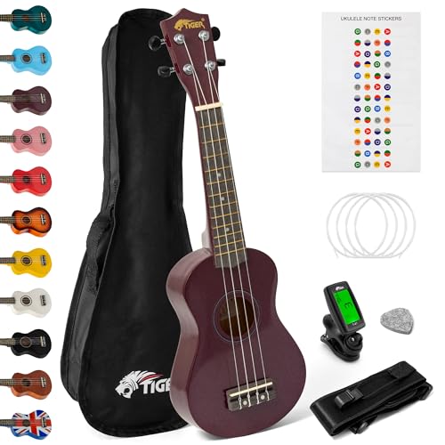 TIGER UKEKIT-PP - El pack de ukelele soprano para principiantes incluye afinador cromático, correa, estuche, juego de cuerdas de repuesto, color morado