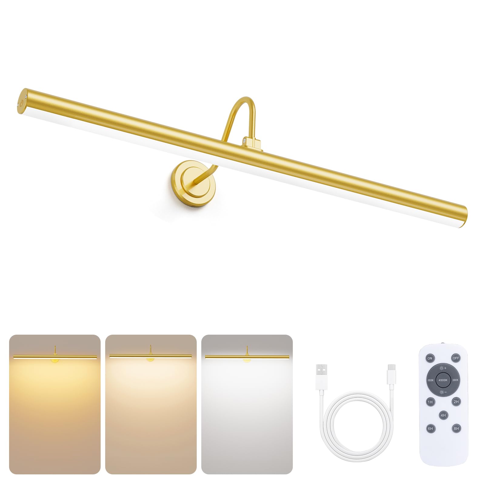 Bridika Picture Lights for Wall Battery Operated, 23.6in Picture Light with Remote, 3 Color Modes and Dimmable Classic Art Light for Paintings, Gallery, Dartboard, Bathroom with Timer (Gold, 1 Pack)