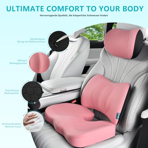 Image of FLORICH 3 PCS Seat Cushion for Carseat Lumbar Support Pillow Car Neck Headrest Pillows Memory Foam Gel Memory Foam Massage Point Seat Pads Pressure Relief Back Cushion for Office Chair(Light Pink)