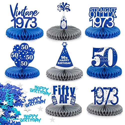 50 Años Decoración de Cumpleaños Mesa 8 Juegos Centros de Mesa Panal y Confeti Decorativos Adorno de Mesa Azul Decoración Mesa para Fiesta de Cumpleaños de 50 Años