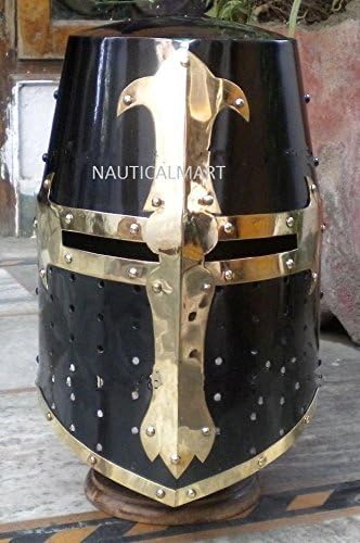 Vista 7 de NauticalMart Casco de caballero negro cruzado medieval armadura templaria casco de disfraz negro acabado pan de azúcar diseño de latón casco