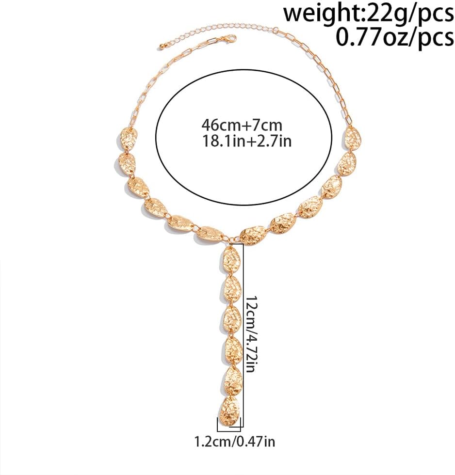 Statement Long Gold Hammered Tear Drop Y Shaped Necklace for Women, Trendy Unique Irregular Silver Teardrop Tassel Necklaces Vintage Party Jewelry Gift - Image 2