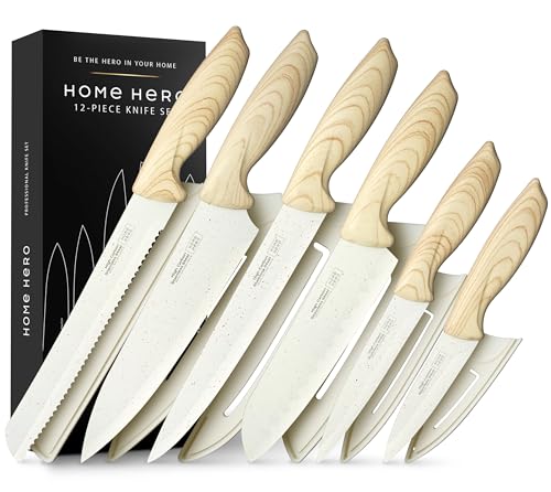 Home Hero Juego de cuchillos de cocina afilador - Bloque de acero inoxidable de alto carbono con mangos ergonómicos (12 piezas - Crema)