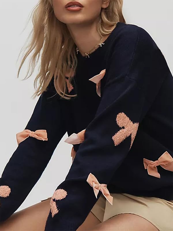 NUFIWI Women Y2K Bow Print Knit Sweater Crew Neck Bownot Knitted Pullover Cute Graphic Sweaters with Bows Knitwear Streetwear4