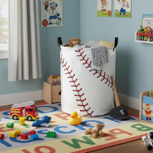 Image of Baby Laundry Hamper kids laundry Basket Waterproof Laundry Bag for Bedroom Clothes Organizer Room Decor(Baseball)