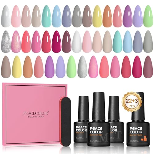 PEACECOLOR 25PCS Esmaltes Semipermanentes para Uñas, 22 Colores Pastel Pintauñas Semipermanentes con Base y Top Cost, Azul Rosa Amarillo Verde Morado Uñas de Gel Salón de Manicura