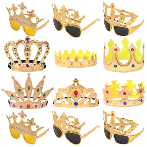 12pcs Party Gift Crown Glasses Adjustable King Crown Hat Crown Sunglasses Crown funny glasses for Party Photo Props Kids Party King Queen Prince Princess Costume Accessories Dress-Up Supplies