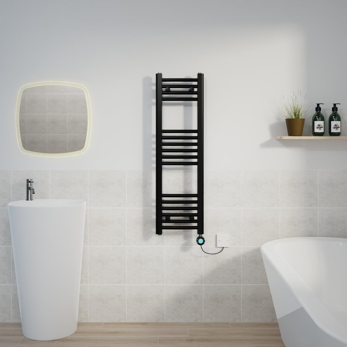 Warmehaus Electric Heated Towel Rail Curved Black Thermostatic Bathroom Towel Radiator with Timer Prefilled - 1000x300mm 400W