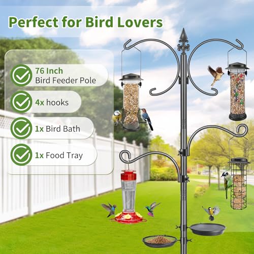 Bird Feeder Pole, 76 Inch Bird Feeding Station, Heavy Duty Shepherd Hooks for Outdoors Hanging Birds Feeders, 4 Hook Hummingbird Feeder Stand with Birds Bath, Mesh Tray - Image 3