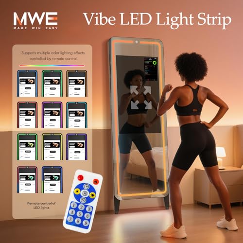 Image of Smart Gym Mirror for Home Workout | 32 inch HD Touch-Screen Andriod 12 OS | 61 inch Reflective Surface | No VIP Fees Support Various APP, Voice Control, Music Sync LED Strip Lights, for Home Gym / Yoga / Dance