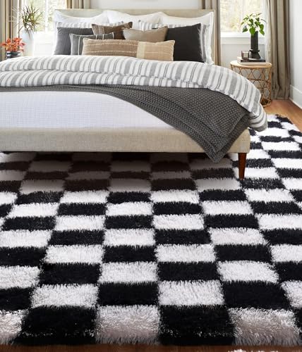 Teppich Kariert Wohnzimmer 90x150cm, Waschbarer Teppich Schlafzimmer Schwarz Weiß, Flauschig Hochflor Antirutsch Teppiche Schachbrettmuster, Modern Schachbrett Carpet für Living Room Kinderzimmer
