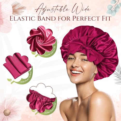 Image of Homeaura Women Silk Blend Bonnet Satin Hair Cap for Sleeping | Adjustable Tie Band Satin Bonnet Head Wrap for Curly Hair | Reusable Showercap Protection (1 pc One Size Claret), Pink