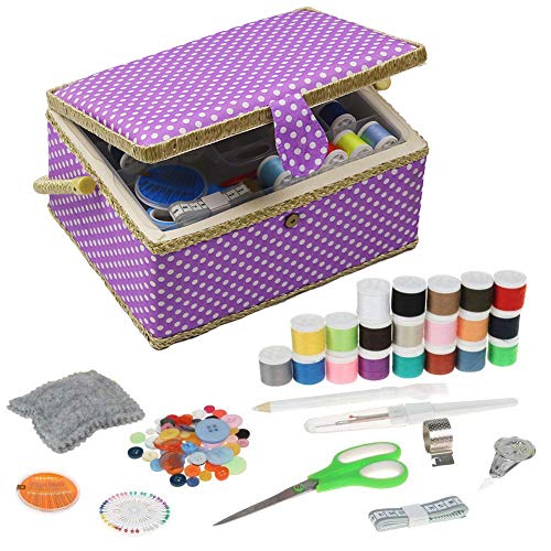 Large Sewing Box with Kit Accessories Sewing Basket Organizer with Supplies DIY Sewing Kits for Adults, Purple Polka Dots