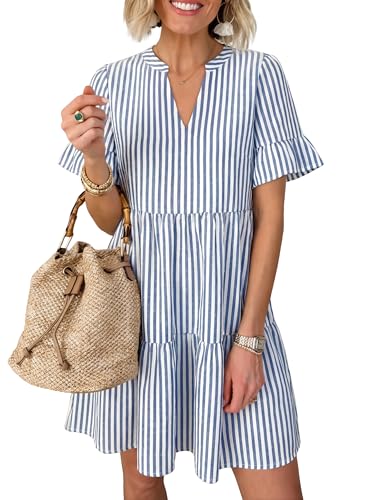 Image of Caracilia Dresses for Women Summer 2026 Striped V Neck Ruffle Sleeve A Line Tiered Flowy Casual Mini Beach Dress with Pockets