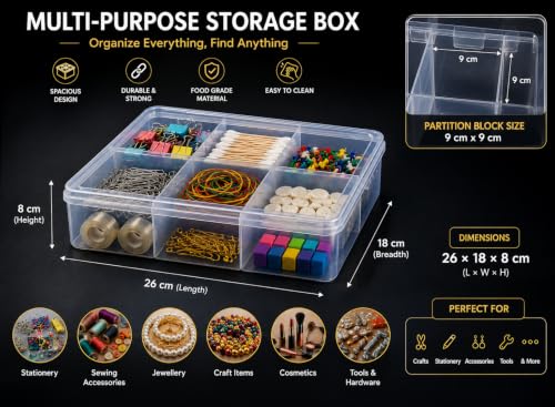 Image of Heavy Duty Transparent Plastic Box for Jewellery storage Size - 26 x 18 x 8 cm, with 6 Compatment storage box and organiser,Pack of 1