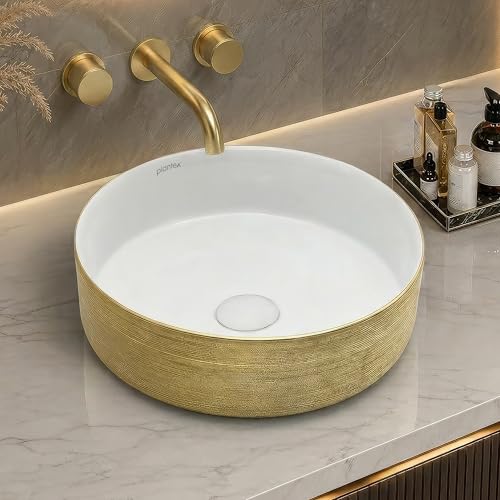 Image of Plantex Ceramic Table Top Wash Basin /Small Washbasin for Bathroom /Countertop Vessel Sink Basin(Gold&White -14 x14x5 Inch)