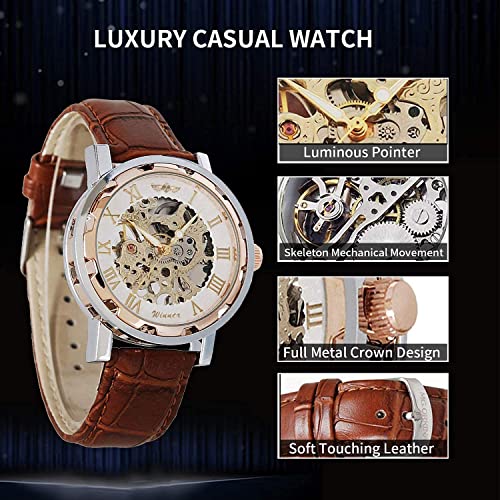 Gute H006R Men'S Watch, Mechanical Skeleton Hand-Wind Steampunk Bling Watch For Men Women, Roman Numeral Pu Leather Silver Rose-Gold Case Unisex Wrist Watch thumb #2