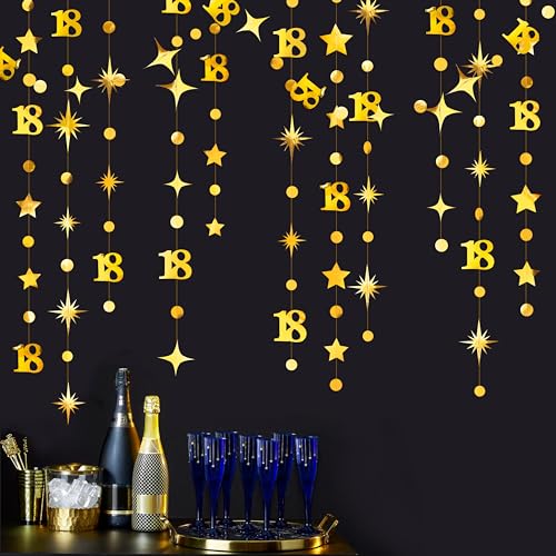 Image of Gold 18th Birthday Decorations Number 18 Circle Dot Twinkle Star Garland Metallic Streamer Banner Backdrop for Girls Boys Happy 18th Birthday Time to Adult Cheers to 18 Years Old Anniversary Party