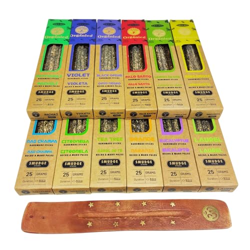 ULLAS Pack 12 Cajas Incienso Orgánico – Varillas 100% Naturales Hechas a Mano – Aromas Surtidos Según Disponibilidad + Quemador de Regalo