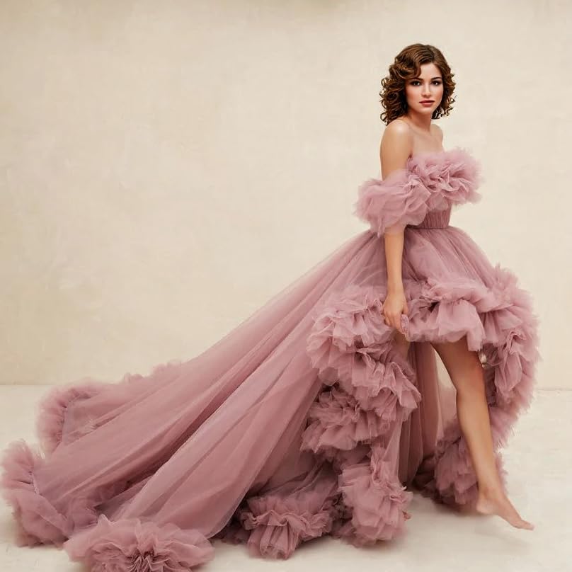 Long Puffy Tulle Prom Dresses for Women Formal High Low Ball Gown 2025 Ruffles Strapless Evening Party Dress with Train4