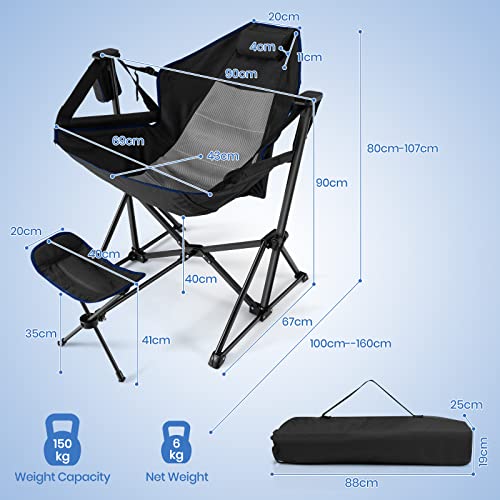 COSTWAY Hammock Camping Chair, Folding Swing Chair with Adjustable Back, Head Pillow, Cup Holder & Carry Bag, Portable Rocking Recliner for Picnic Fishing Hiking (with Retractable Footrest, Black) - Image 3