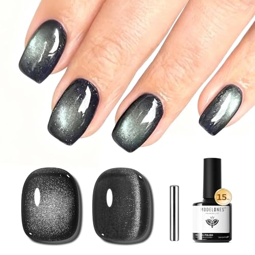 Image of modelones Black Cat Eye Gel Nail Polish Silk Glass Shimmer Black Nail Polish Holographic Glitter Magnetic Polish with Magnet Soak Off Led 15 ML