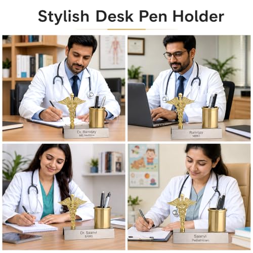 Image of SAVRI Personalized Doctor Symbol Pen Stand -Custom Name Engraved | Stainless Steel with Golden Touch | Customized Desk Organizer Gift for Doctors, Surgeon, Medical Students & Pharma Corporate Gifting