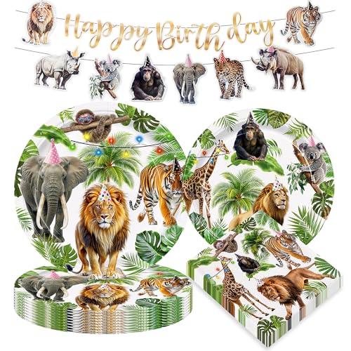 41PCS Jungle Safari Theme Birthday Party Supplies Animal Plates Napkins Banner for Birthday Baby Shower Decorations