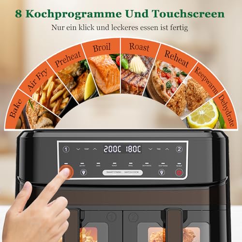 Heißluftfritteuse 2 Kammern | 10L Airfryer mit Sichtfenster Zweizonen Temperatur Separat Regeln, 8-in-1 Heissluftfritteuse Doppelkammer Touch-Steuerung Bis 200℃, Air Fryer 2600W Eingebaute Beleuchtung 5