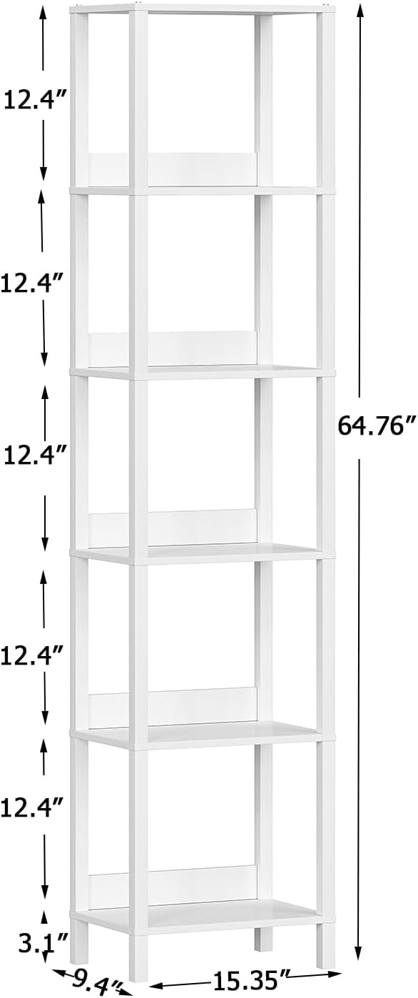 VIMBER 6 Tier Bookshelf with Anti-Fall Baffle, Tall 64.79 Bookcase with DIY Shelves, Industrial Book Shelf Storage Organizer, Display Free Standing Shelf Unit for Bedroom, Living Room, Office, White