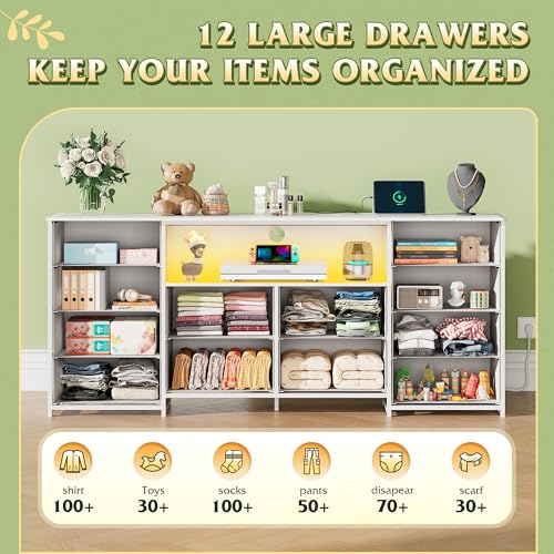 Image of WLIVE LED Dresser TV Stand for 75 Inch TV, 12 Drawers, White | Fits TVs up to 75 inch, 12 fabric drawers, LED chest of drawers, Built-in power outlet, Living room or bedroom